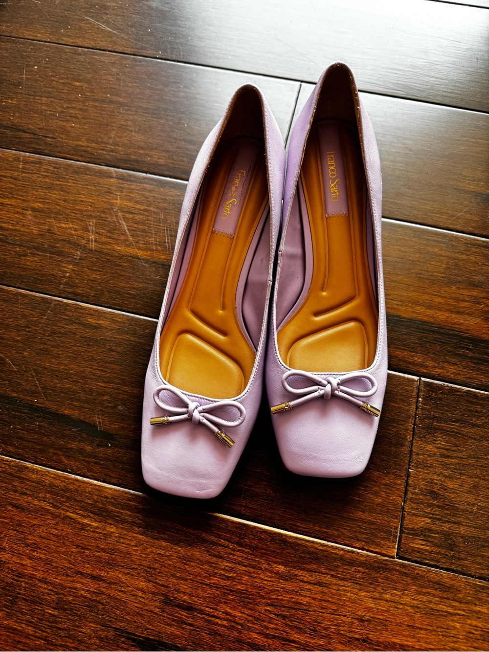 Franco Sarto Lilac Leather Square-Toe Ballet Flats with Bow
